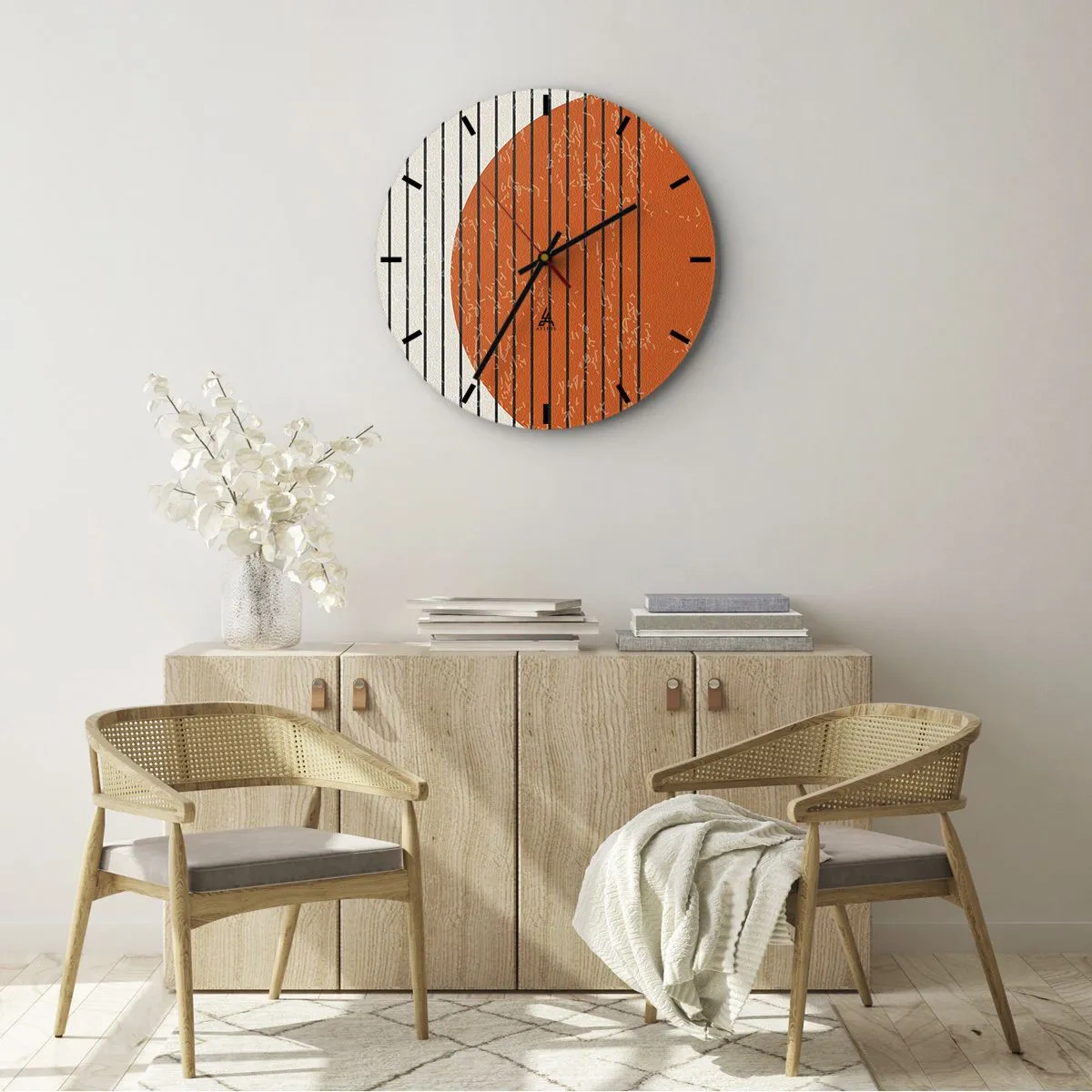 Vægur, Uret - Orange cirkel og sorte linjer på en beige baggrund - 30x30cm - Altid solen - Moderne vægdekoration til stue, køkken og soveværelse ARTTOR
