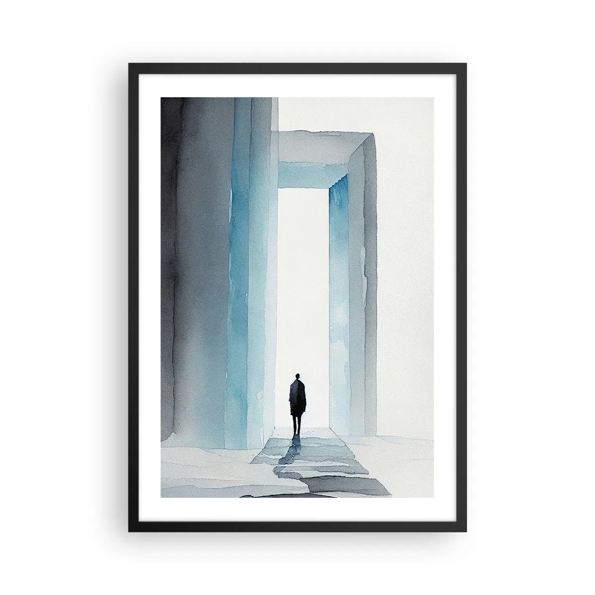 Plakat i sort ramme - En figur, der går gennem en blå port, symboliserer frihed og ubegrænsede muligheder - 50x70cm - Lev uden grænser - Moderne vægdekoration til stue og soveværelse ARTTOR