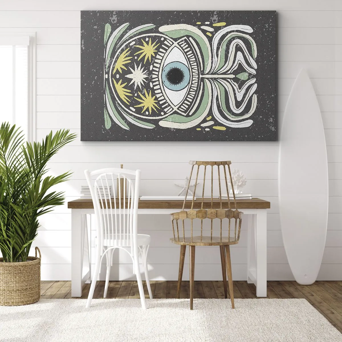 Lærredstryk - Billede på lærred - Et symbolsk øje omgivet af abstrakte mønstre - 70x50cm - Stammeritualer - Moderne vægdekoration til stue og soveværelse ARTTOR