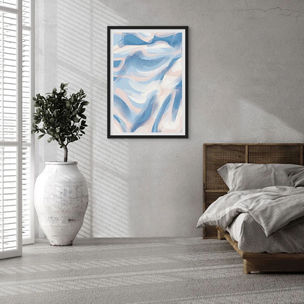 Plakat i sort ramme - Abstrakt bølge i nuancer af blå og beige - 50x70cm - Blå krusninger - Moderne vægdekoration til stue og soveværelse ARTTOR