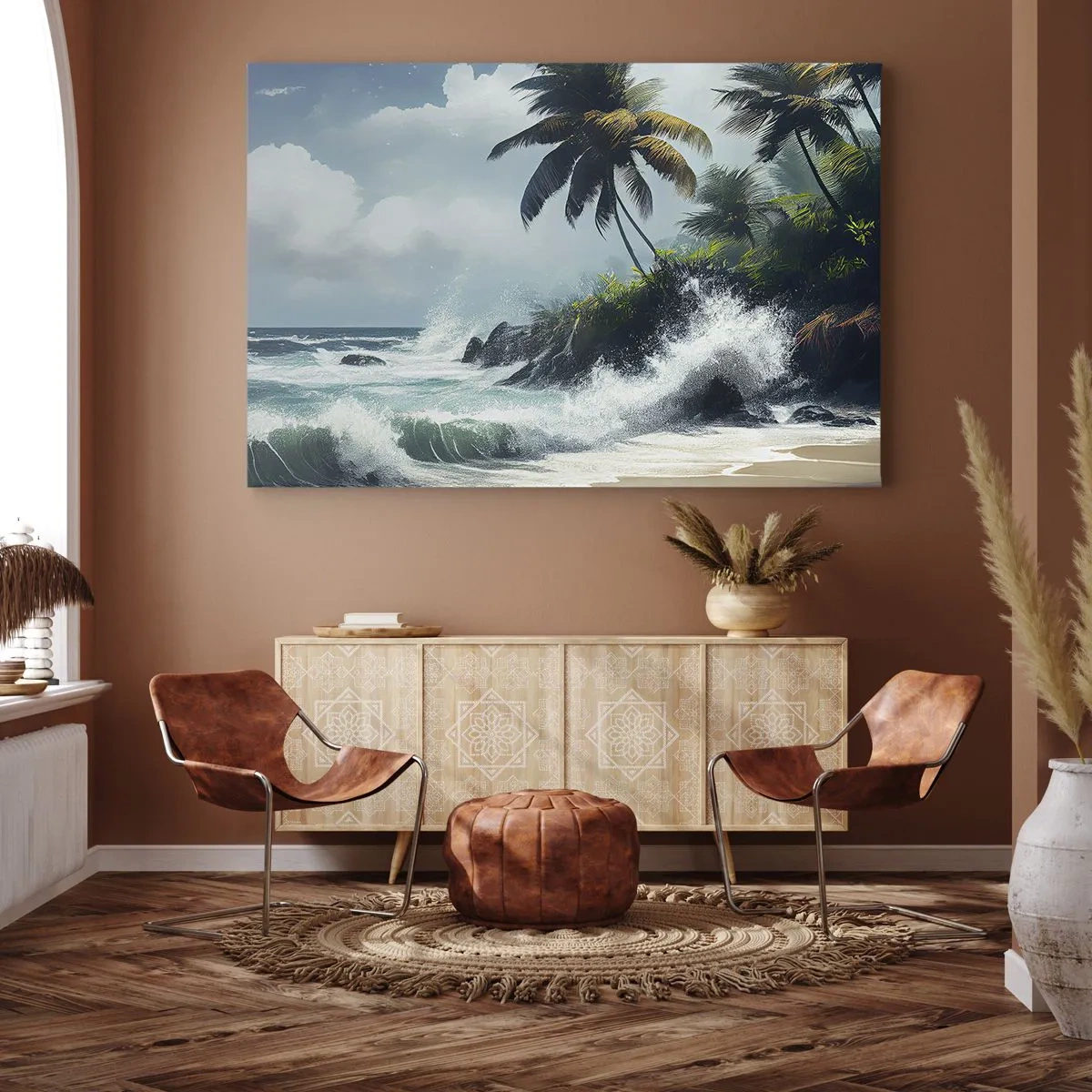 Lærredstryk - Billede på lærred - Tropisk kyst med palmer og et oprørt hav - 70x50cm - På en tropisk strand - Moderne vægdekoration til stue og soveværelse ARTTOR
