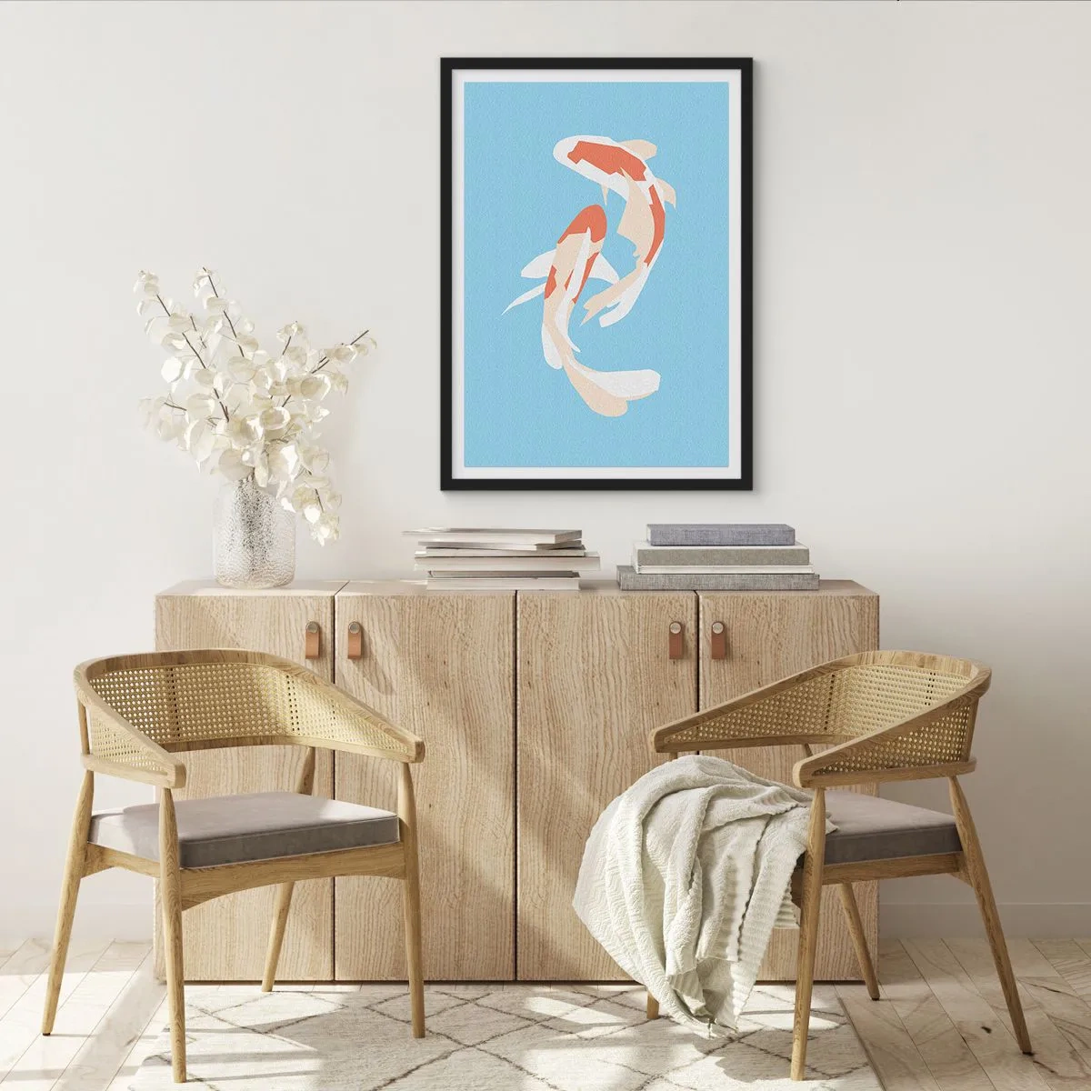 Plakat i sort ramme - To koi-fisk svømmer i harmoni - 50x70cm - Spontan synkroniseret svømning - Moderne vægdekoration til stue og soveværelse ARTTOR