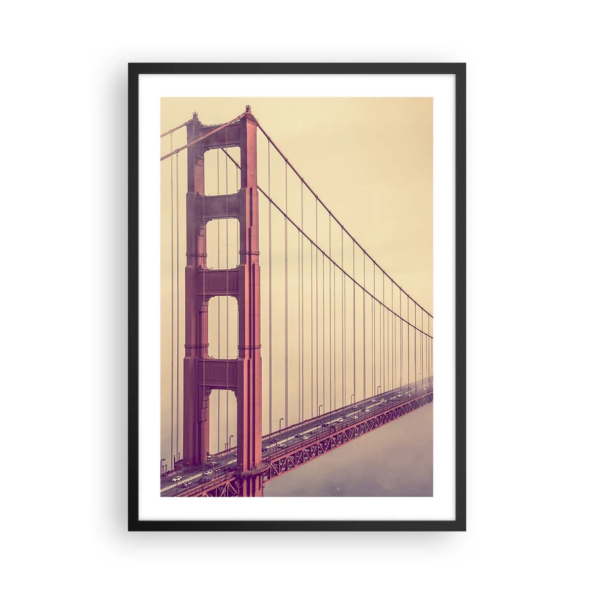 Plakat i sort ramme - Golden Gate Bridge i vintage tåge - 50x70cm - Mellem himmel og jord - Moderne vægdekoration til stue og soveværelse ARTTOR