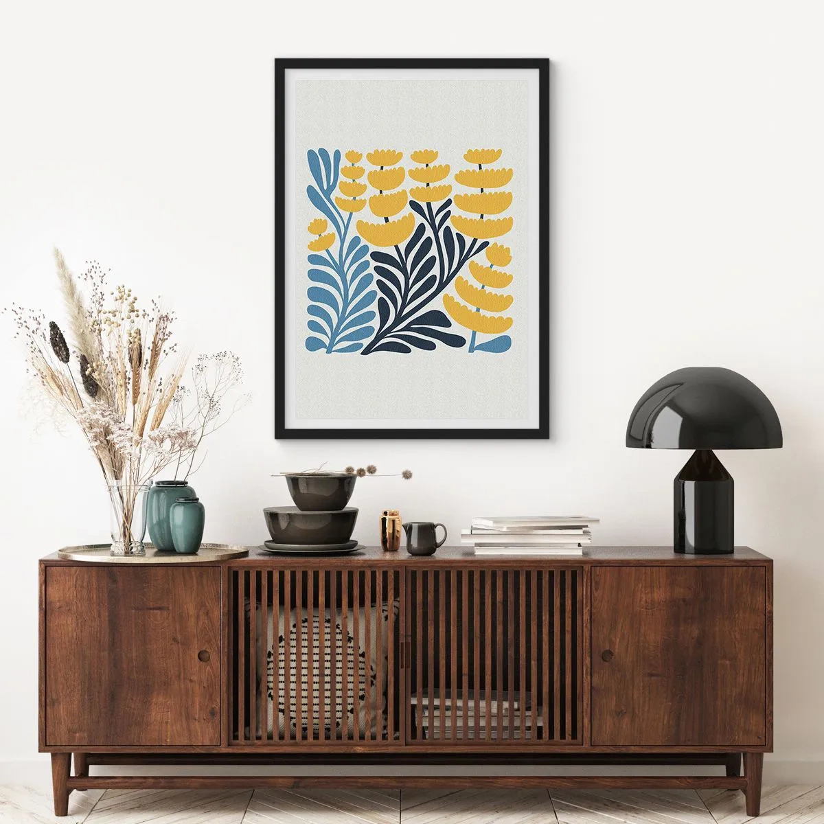 Plakat i sort ramme - Stiliserede gule og marineblå blomster i minimalistisk stil - 50x70cm - Solrig seng - Moderne vægdekoration til stue og soveværelse ARTTOR