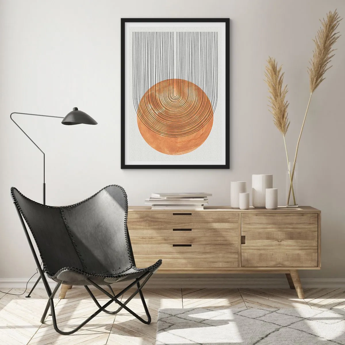 Plakat i sort ramme - Geometrisk abstraktion i jordfarver - 50x70cm - En solrig komposition - Moderne vægdekoration til stue og soveværelse ARTTOR