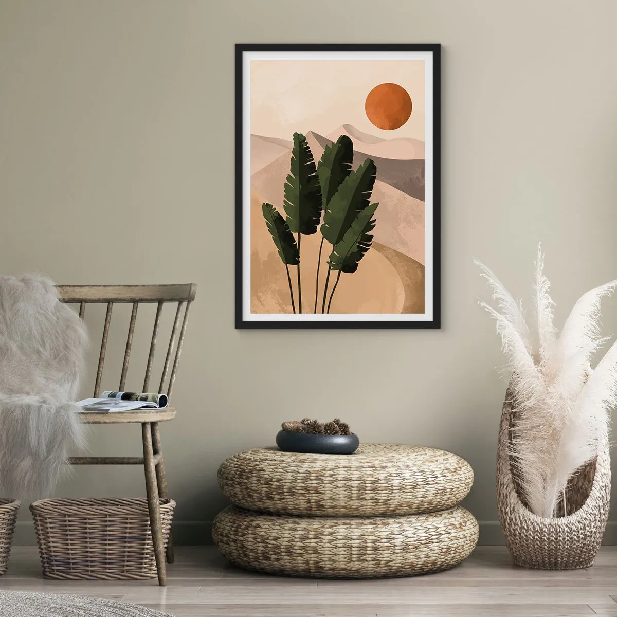 Plakat i sort ramme - Planter i ørkenomgivelser med solnedgang, abstrakt landskab - 50x70cm - Livets triumf - Moderne vægdekoration til stue og soveværelse ARTTOR