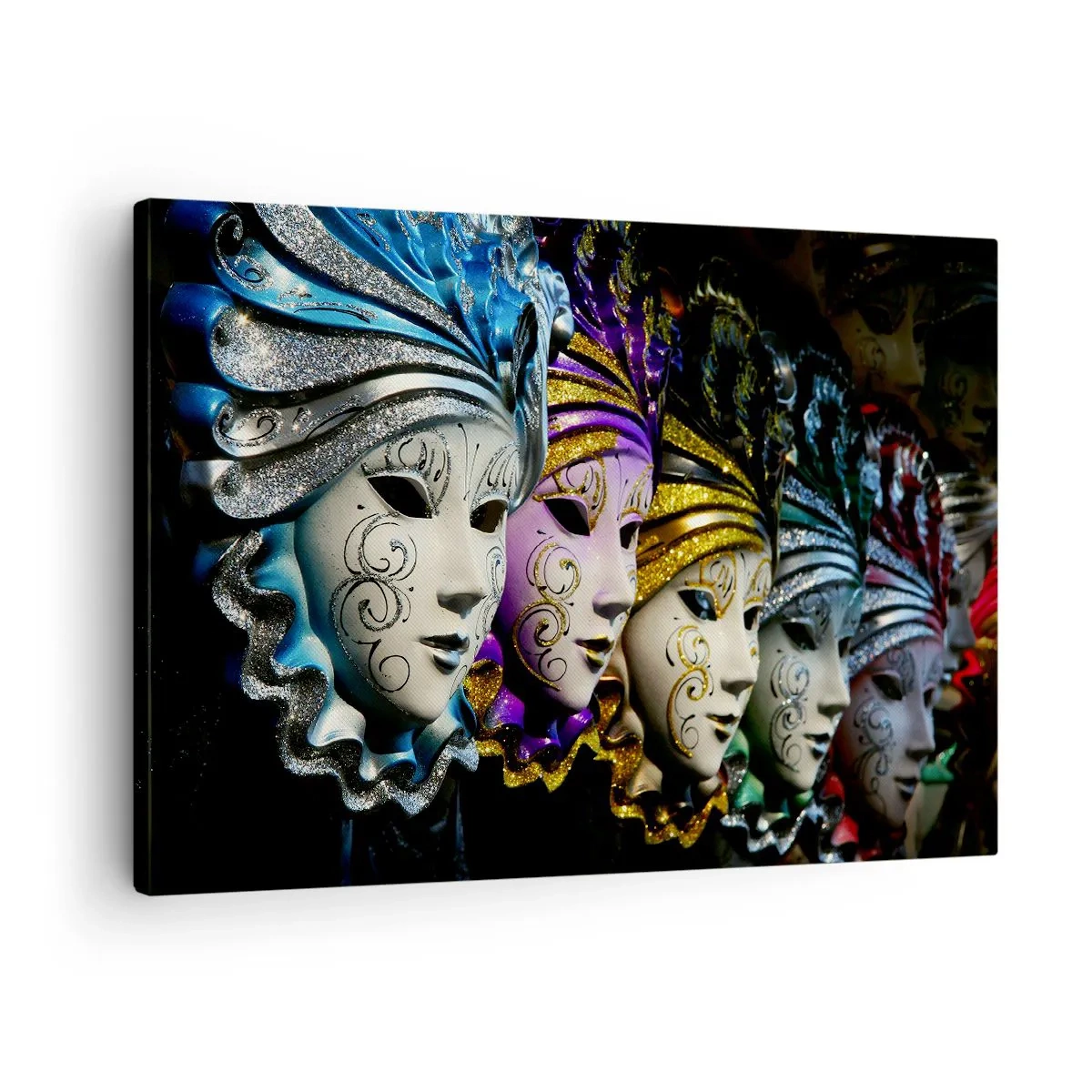 Lærredstryk - Billede på lærred - Venetianske masker i forskellige farver med dekorative mønstre - 70x50cm - Mysterium i guld og sølv - Moderne vægdekoration til stue og soveværelse ARTTOR