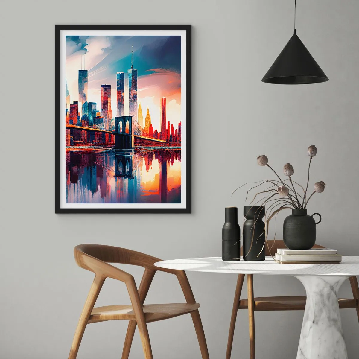 Plakat i sort ramme - Panorama over byen med en bro og spejling i vandet - 50x70cm - Fænomenale New York - Moderne vægdekoration til stue og soveværelse ARTTOR
