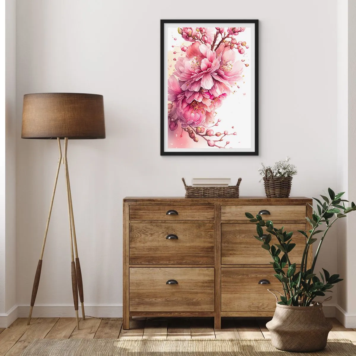 Plakat i sort ramme - Delikate lyserøde kirsebærblomster i fuldt flor mod en lys baggrund - 50x70cm - Kirsebærblomst - Moderne vægdekoration til stue og soveværelse ARTTOR