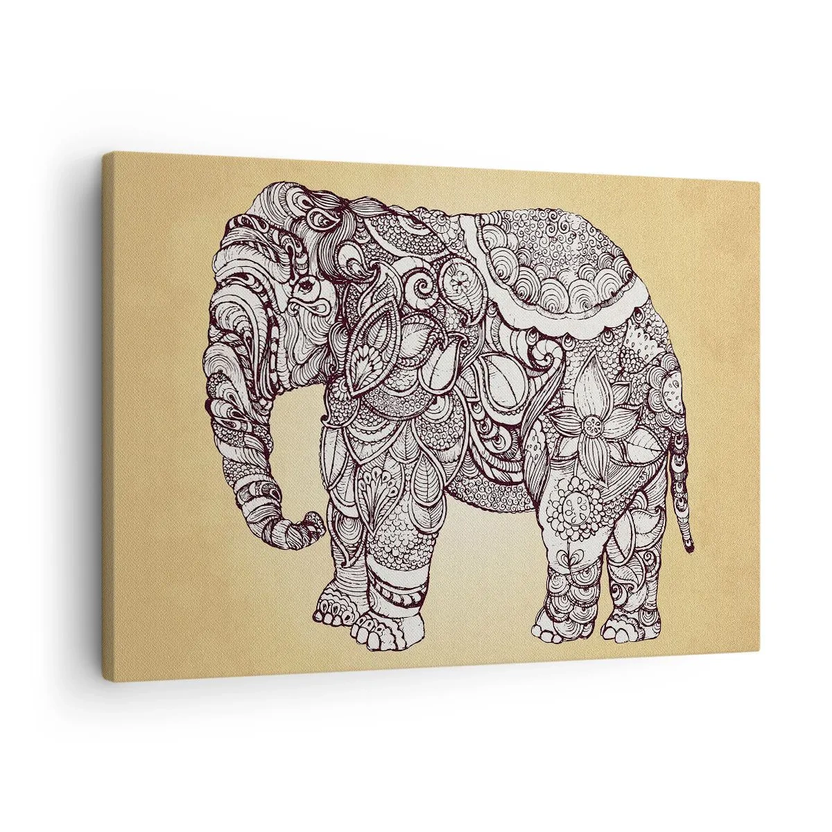 Lærredstryk - Billede på lærred - Håndtegnet elefant med et udsmykket mønster på en beige baggrund - 70x50cm - Elefanten er blevet blind - Moderne vægdekoration til stue og soveværelse ARTTOR