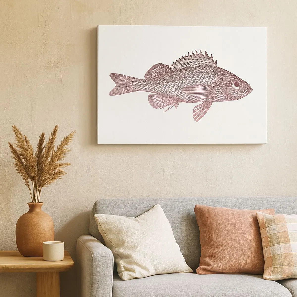 Lærredstryk - Billede på lærred - Detaljeret illustration af en fisk på en hvid baggrund - 70x50cm - Fisk med store øjne - Moderne vægdekoration til stue og soveværelse ARTTOR