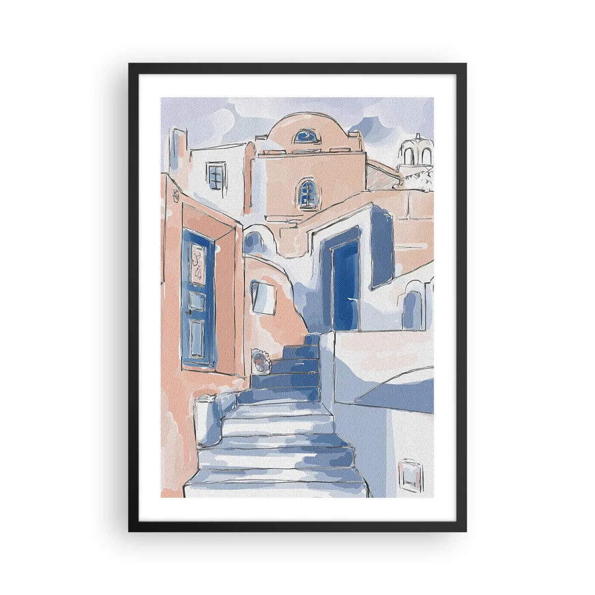 Plakat i sort ramme - En malerisk middelhavsgade i blå nuancer - 50x70cm - Eksotisk by - Moderne vægdekoration til stue og soveværelse ARTTOR