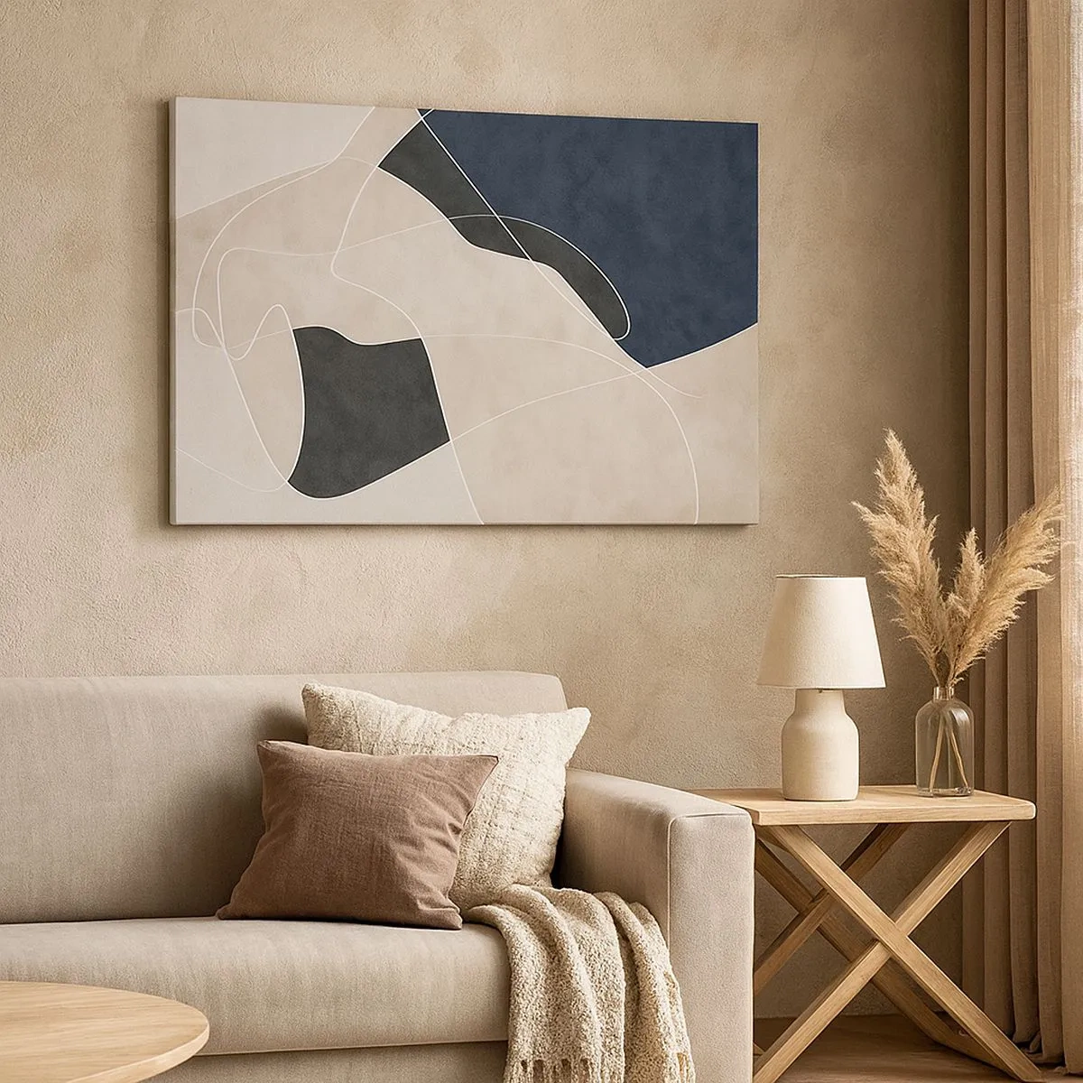 Lærredstryk - Billede på lærred - Geometrisk abstraktion i nuancer af beige og marineblå - 70x50cm - Abstrakt komposition - kontrast af farver - Moderne vægdekoration til stue og soveværelse ARTTOR