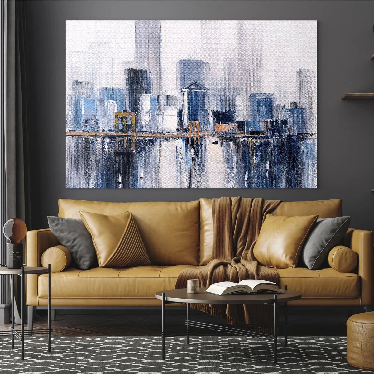 Billede på glas - Abstrakt bypanorama med skyskrabere og en bro i kølige farver - 70x50cm - Indtryk fra New York - Moderne vægdekoration til stue og soveværelse ARTTOR