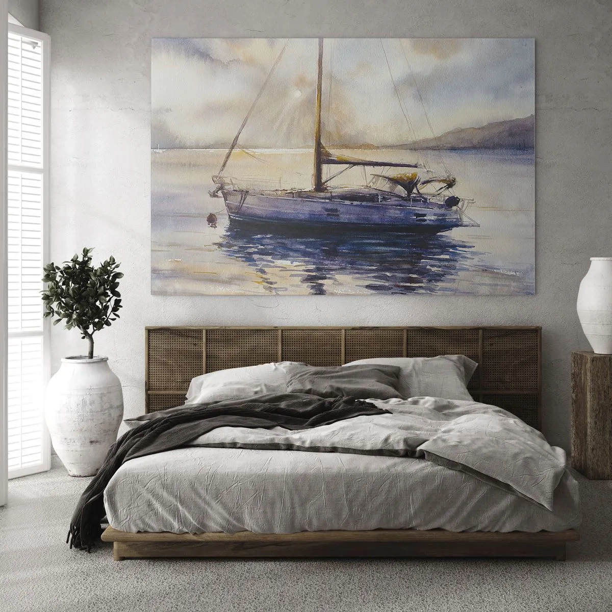 Billede på glas - En yacht fortøjet i en stille bugt i skumringen - 70x50cm - Aften i bugten - Moderne vægdekoration til stue og soveværelse ARTTOR
