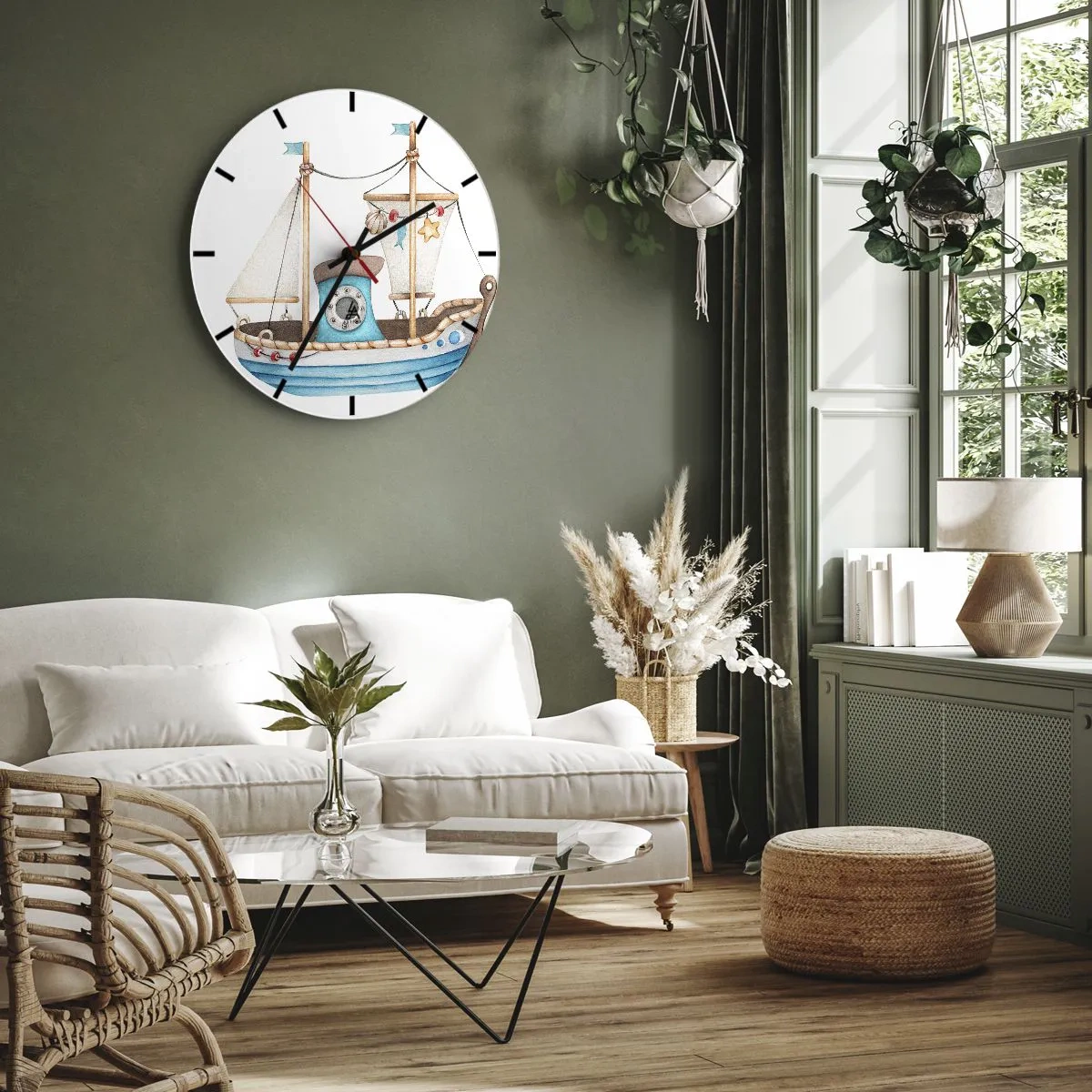Vægur, Uret - Illustreret børnesejlbåd med nautiske dekorationer - 30x30cm - Ohøj, eventyr! - Moderne vægdekoration til stue, køkken og soveværelse ARTTOR
