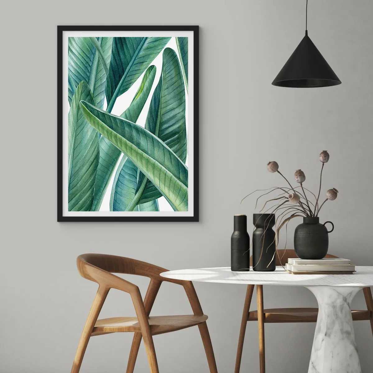 Plakat i sort ramme - Grønne bananblade i akvarelstil - 50x70cm - Det grønne i sig selv - Moderne vægdekoration til stue og soveværelse ARTTOR