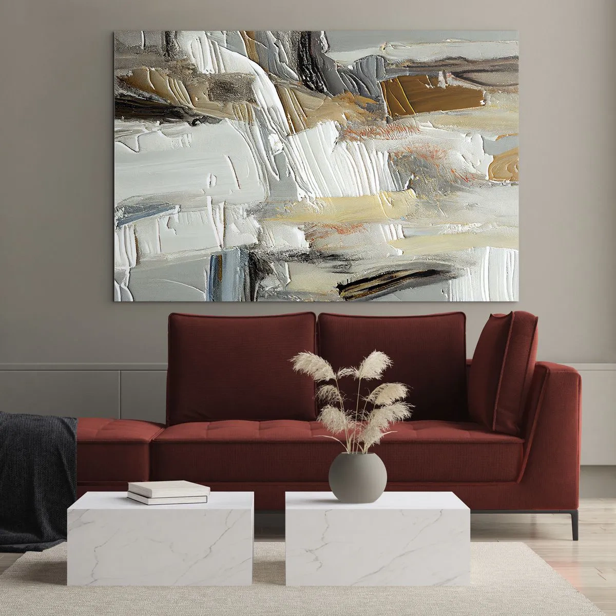 Billede på glas - En abstrakt komposition i jordnære toner med en karakteristisk tekstur. - 70x50cm - Farverige lagdelinger - Moderne vægdekoration til stue og soveværelse ARTTOR