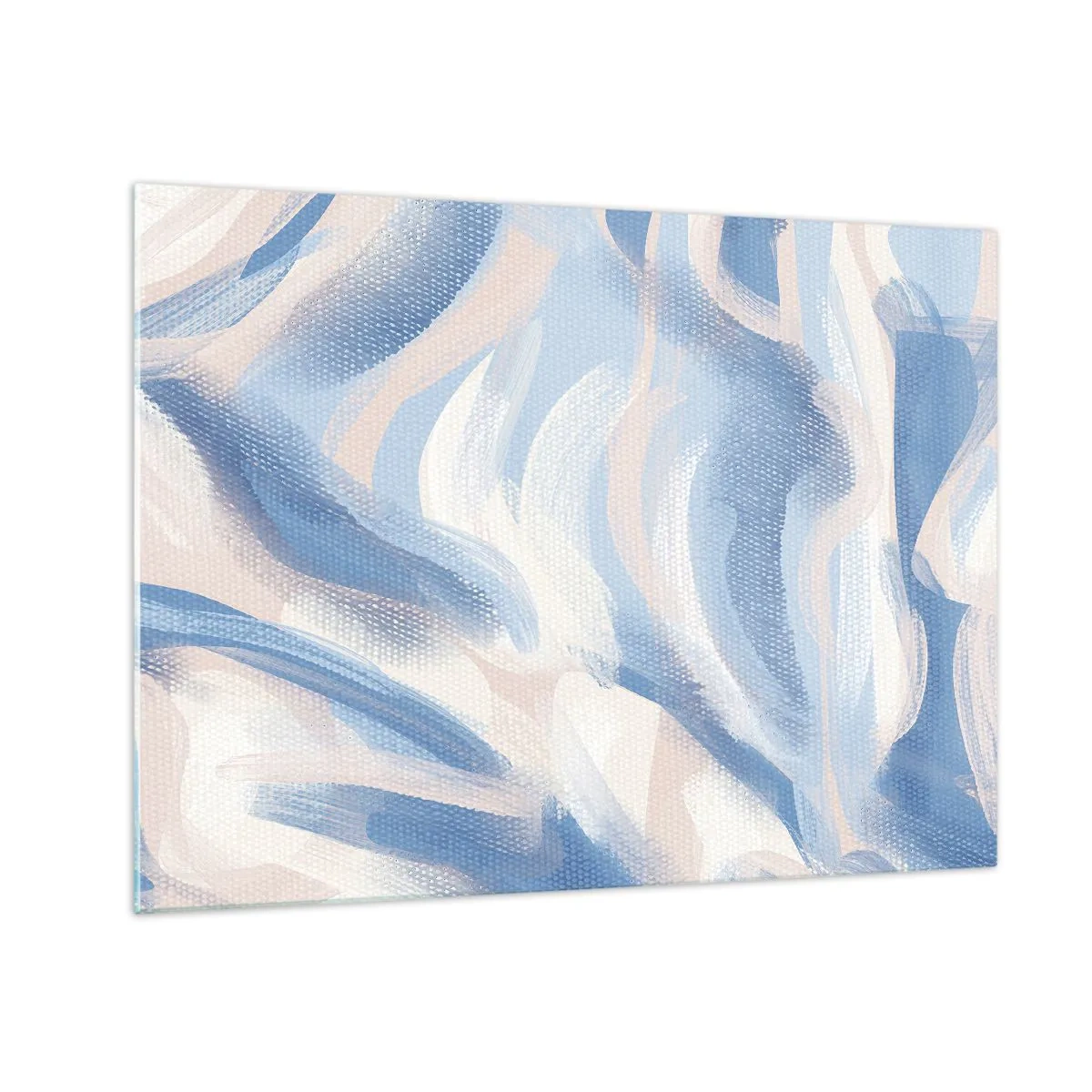 Billede på glas - Abstrakte streger i blå, hvid og beige i bølget form - 70x50cm - Blå krusninger - Moderne vægdekoration til stue og soveværelse ARTTOR