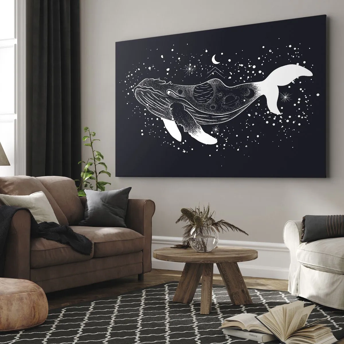 Lærredstryk - Billede på lærred - En grafisk illustration af en hval i rumalderstil. - 70x50cm - I universets ocean - Moderne vægdekoration til stue og soveværelse ARTTOR