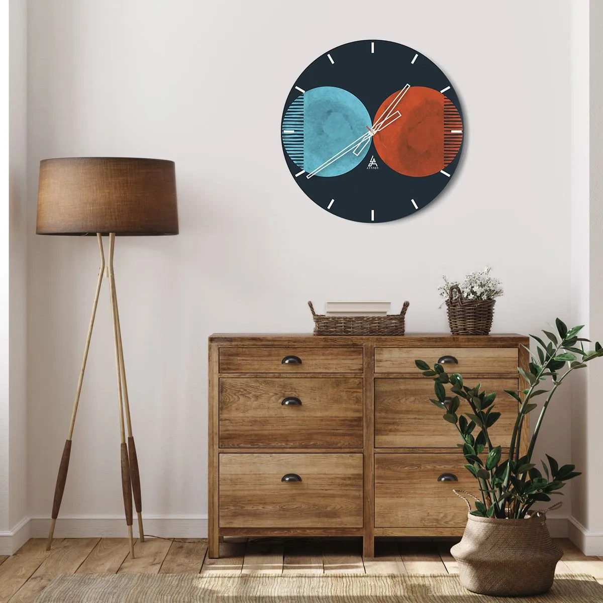 Vægur, Uret - En kombination af blå og røde cirkler med geometriske linjer - 30x30cm - Kun geometri? - Moderne vægdekoration til stue, køkken og soveværelse ARTTOR