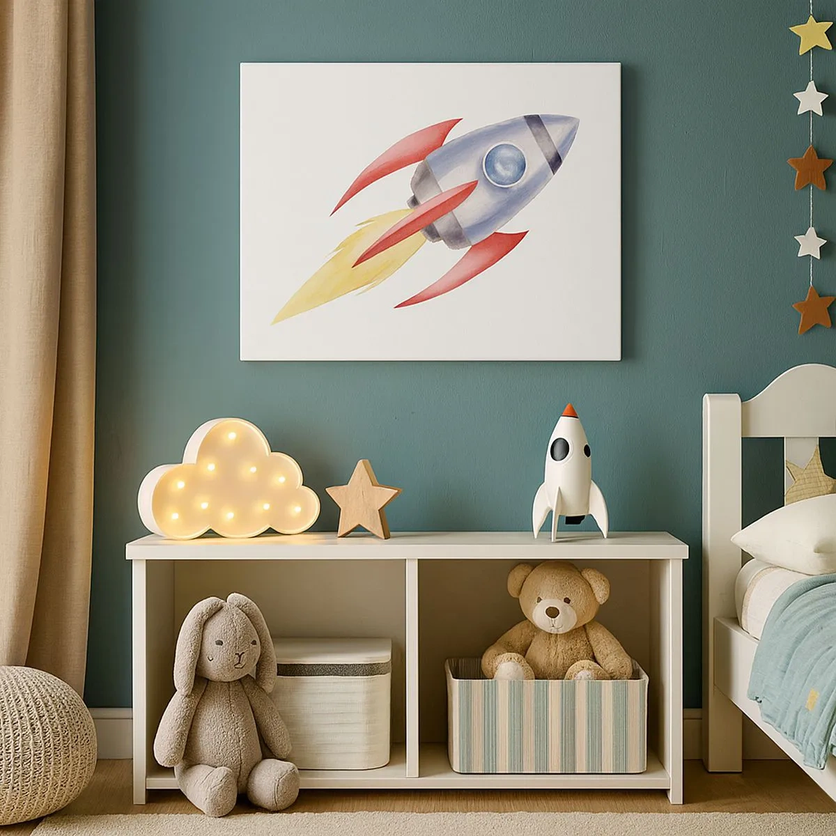 Lærredstryk - Billede på lærred - Akvarelstil raket på en hvid baggrund - 70x50cm - Højere, hurtigere, længere - Moderne vægdekoration til stue og soveværelse ARTTOR