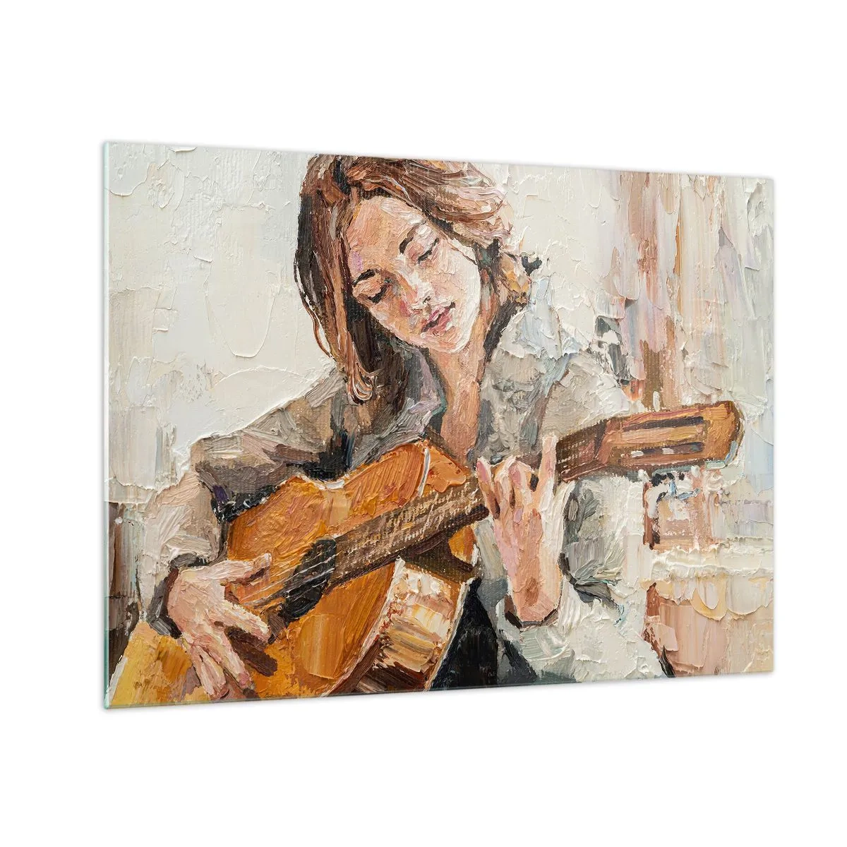 Billede på glas - En pige, der spiller guitar i impressionistisk stil - 70x50cm - Koncert for guitar og et pigehjerte - Moderne vægdekoration til stue og soveværelse ARTTOR