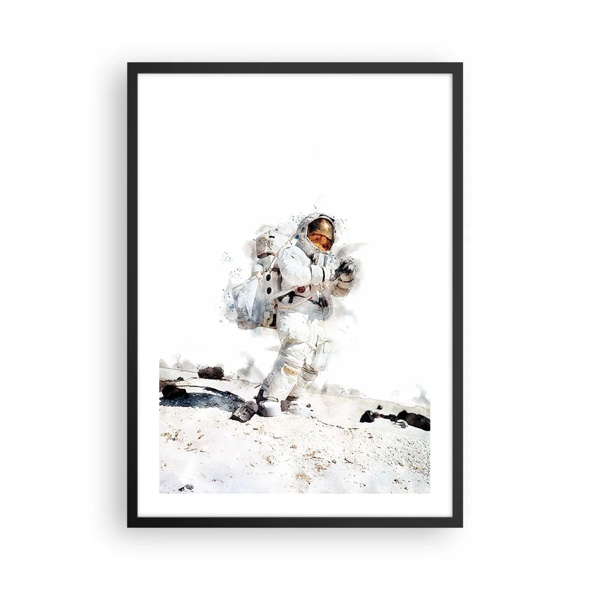 Plakat i sort ramme - En astronaut i rumdragt på månens overflade - 50x70cm - Jordens budbringer - Moderne vægdekoration til stue og soveværelse ARTTOR