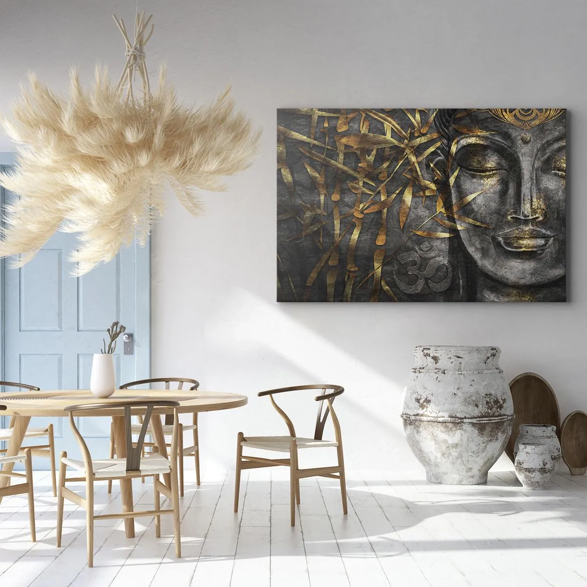 Lærredstryk - Billede på lærred - Zen Buddha-billede med gyldne bambus - 70x50cm - Mærk freden - Moderne vægdekoration til stue og soveværelse ARTTOR