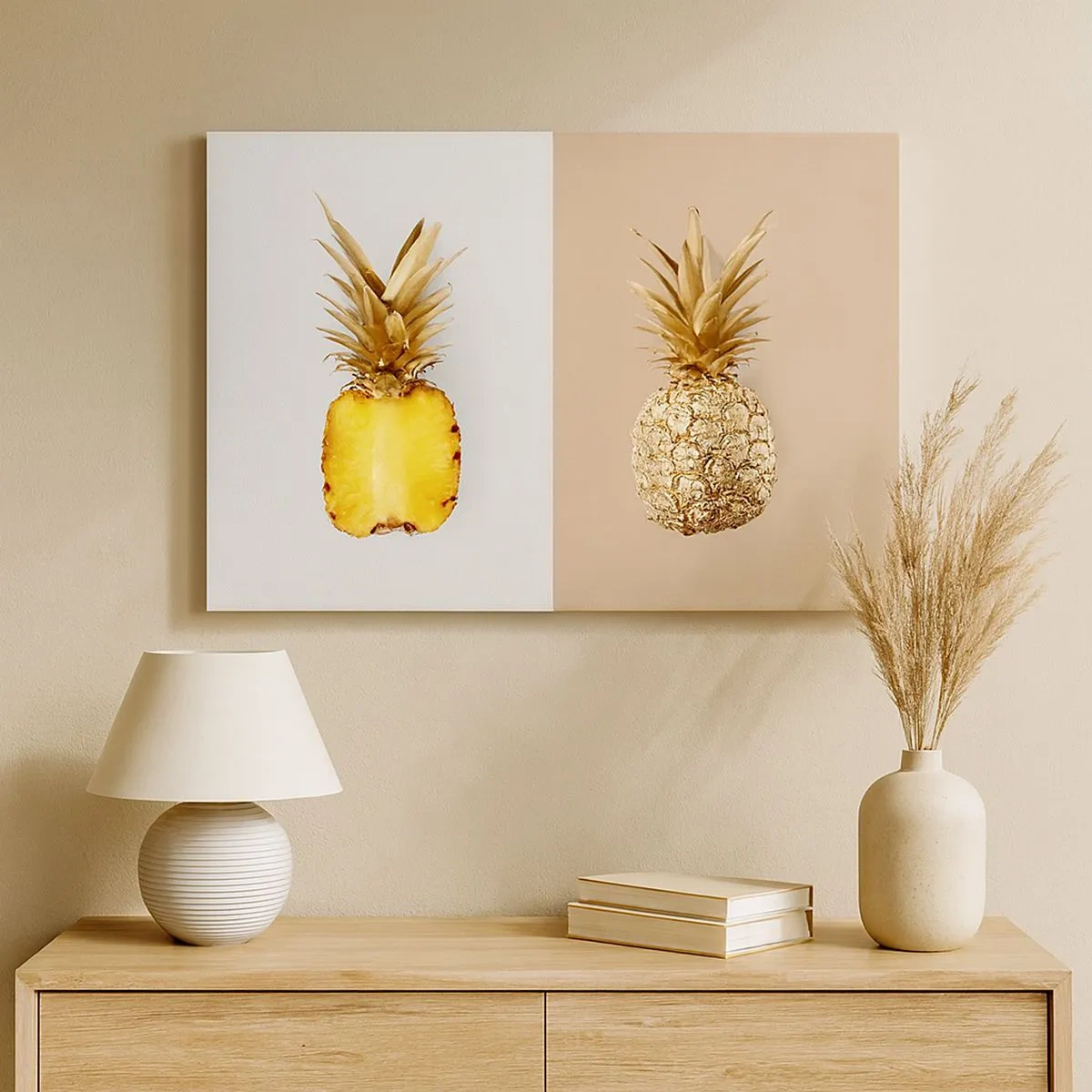 Lærredstryk - Billede på lærred - Halvdelen af en frisk, gylden ananas på en kontrasterende baggrund - 70x50cm - Ananas til os - Moderne vægdekoration til stue og soveværelse ARTTOR
