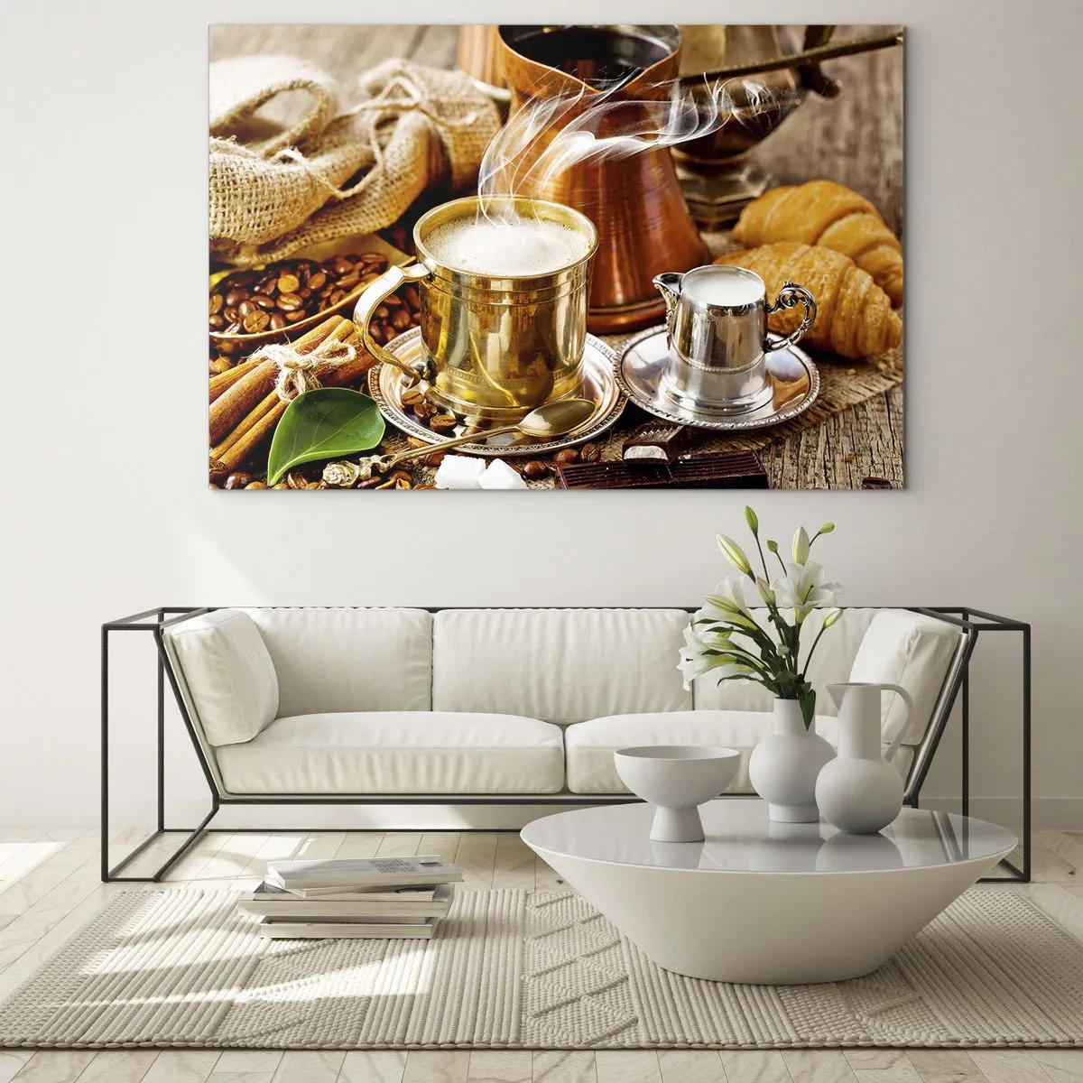 Billede på glas - En gylden krus kaffe med mælk omgivet af korn og croissanter - 70x50cm - Hav en dejlig dag! - Moderne vægdekoration til stue og soveværelse ARTTOR