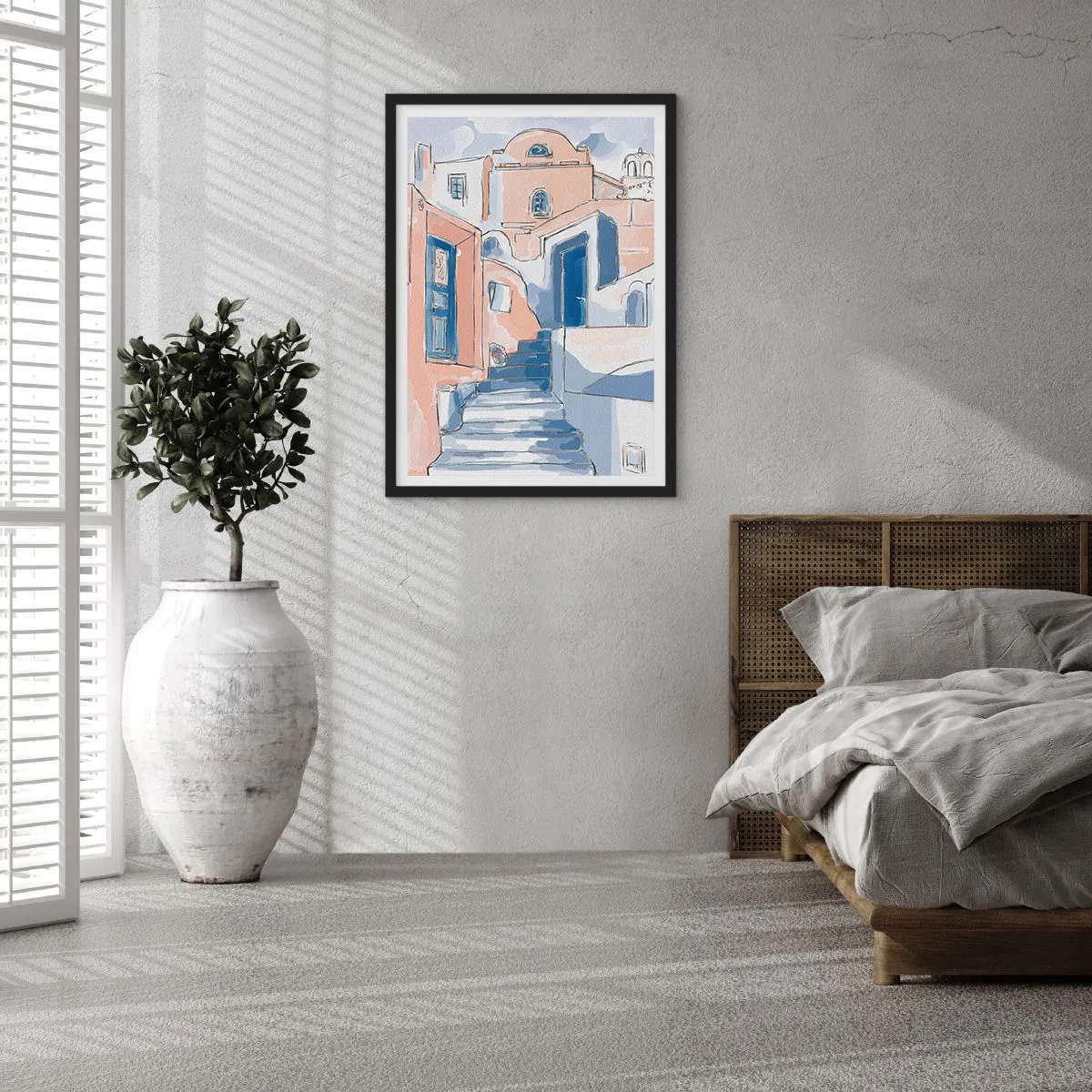 Plakat i sort ramme - En malerisk middelhavsgade i blå nuancer - 50x70cm - Eksotisk by - Moderne vægdekoration til stue og soveværelse ARTTOR