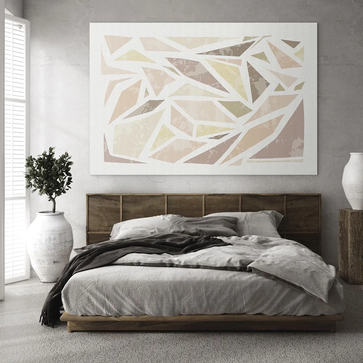 Billede på glas - Geometrisk mosaik i pastelfarver på en lys baggrund - 70x50cm - Komposition af farvet glas - Moderne vægdekoration til stue og soveværelse ARTTOR