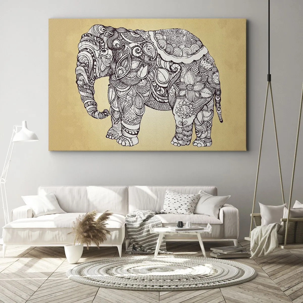 Lærredstryk - Billede på lærred - Håndtegnet elefant med et udsmykket mønster på en beige baggrund - 70x50cm - Elefanten er blevet blind - Moderne vægdekoration til stue og soveværelse ARTTOR