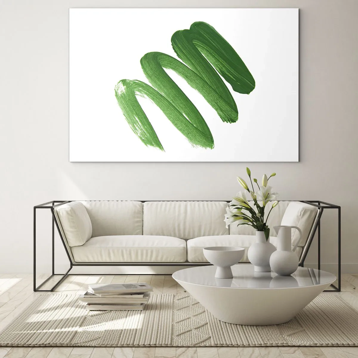 Billede på glas - Dynamisk grøn penselstrøg på hvid baggrund - 70x50cm - En grøn vittighed - Moderne vægdekoration til stue og soveværelse ARTTOR