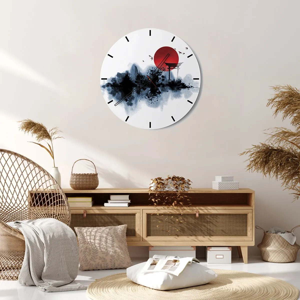 Vægur, Uret - En rød solkugle og en torii-port i japansk stil over vand - 30x30cm - Et japansk synspunkt - Moderne vægdekoration til stue, køkken og soveværelse ARTTOR