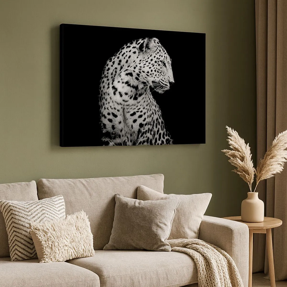Lærredstryk - Billede på lærred - Sort-hvidt billede af en leopard på en sort baggrund - 70x50cm - Den rigtige profil er perfekt! - Moderne vægdekoration til stue og soveværelse ARTTOR