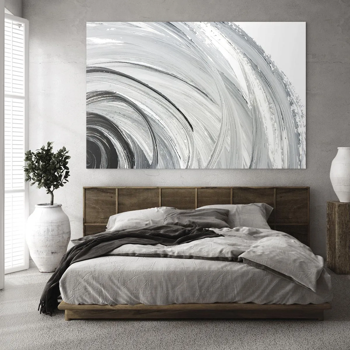 Billede på glas - En sort-hvid spiral med dynamiske penselstrøg. - 70x50cm - Orbital komposition - Moderne vægdekoration til stue og soveværelse ARTTOR