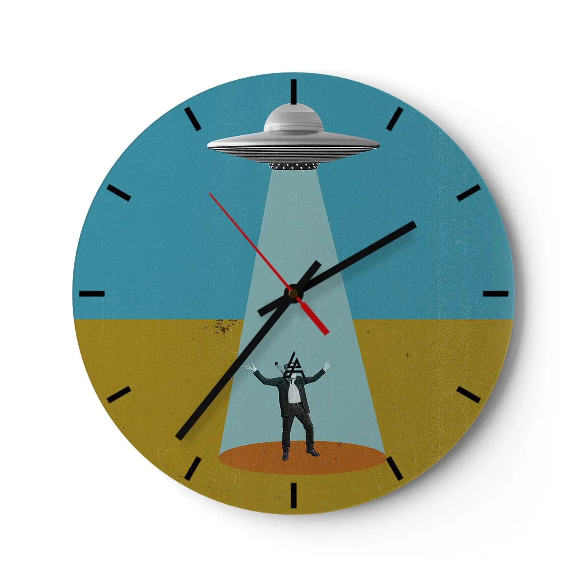 Vægur, Uret - En mand oplyst af en UFO-stråle mod en ørkenbaggrund. - 30x30cm - Et tæt møde - Moderne vægdekoration til stue, køkken og soveværelse ARTTOR
