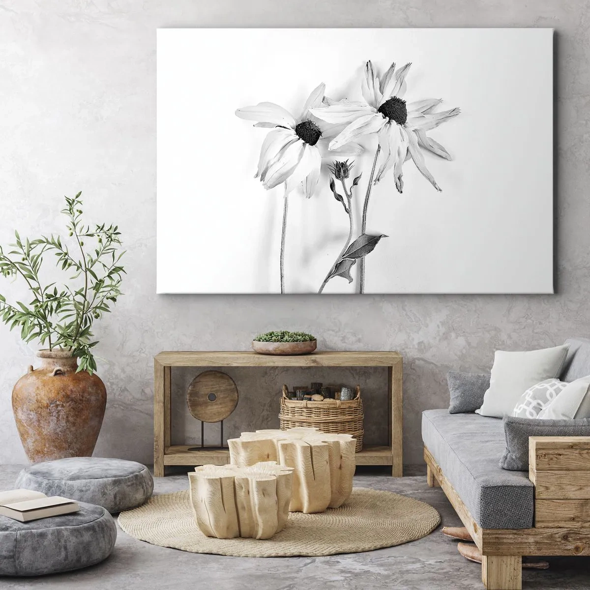 Lærredstryk - Billede på lærred - Sort-hvide blomster med en diskret komposition - 70x50cm - Ingen ønsker at være alene - Moderne vægdekoration til stue og soveværelse ARTTOR