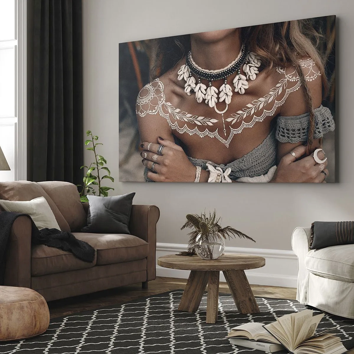 Lærredstryk - Billede på lærred - Boho-stil med muslingesmykker og et blondemønster - 70x50cm - Talismaner, ritualer om kvindelighed - Moderne vægdekoration til stue og soveværelse ARTTOR