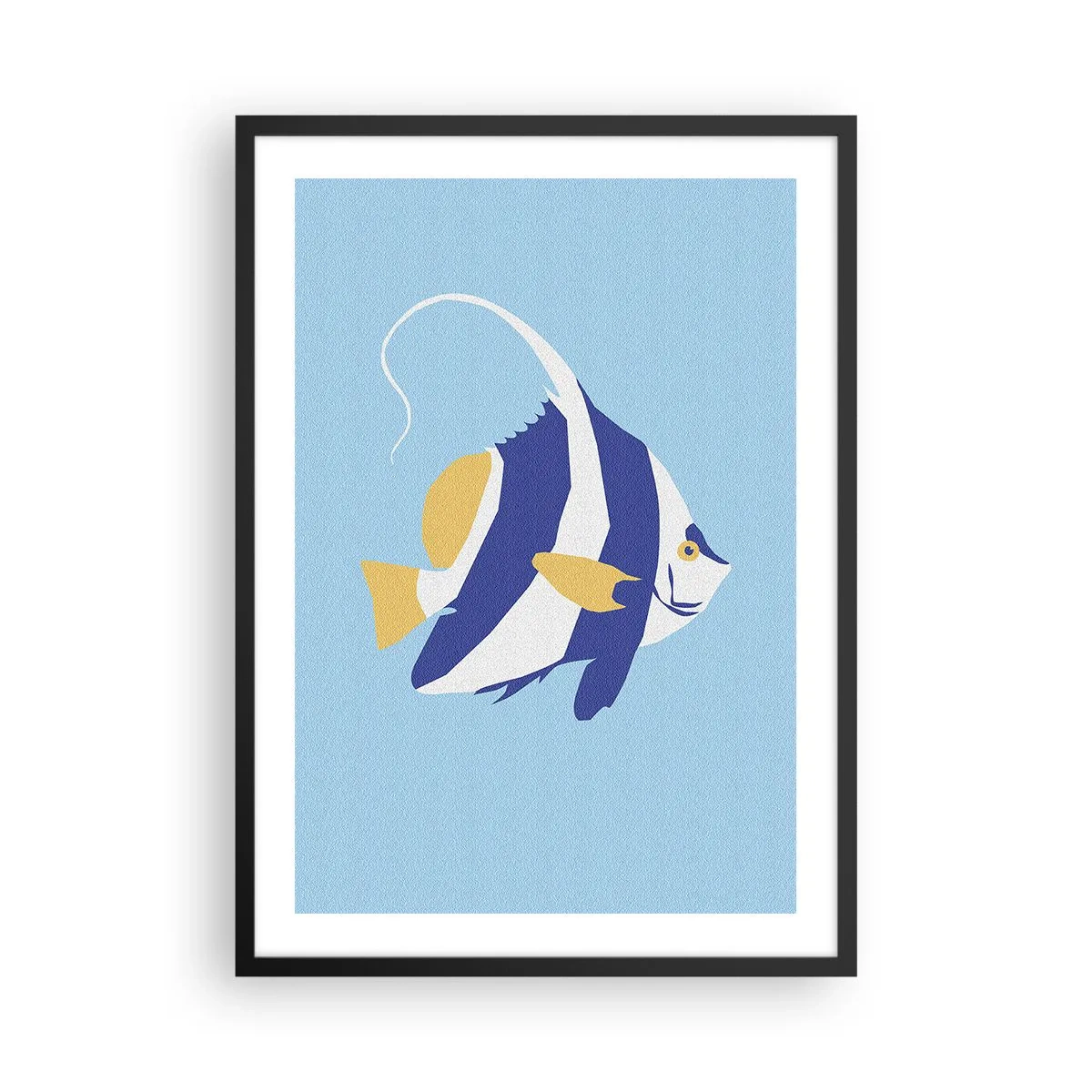 Plakat i sort ramme - En minimalistisk grafik af en eksotisk fisk på en blå baggrund. - 50x70cm - Savner tropisk vand - Moderne vægdekoration til stue og soveværelse ARTTOR