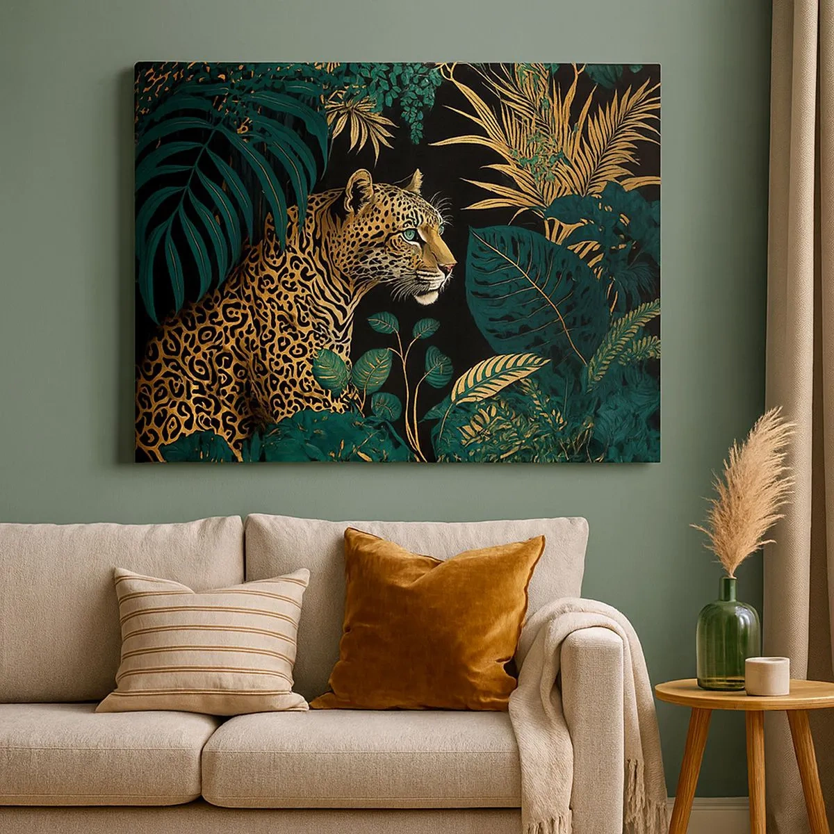 Lærredstryk - Billede på lærred - Leopard i tropiske blade på en sort baggrund - 70x50cm - Værten i junglen - Moderne vægdekoration til stue og soveværelse ARTTOR