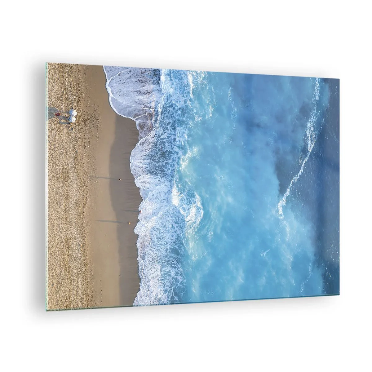 Billede på glas - Luftfoto af stranden og de brusende bølger - 70x50cm - Den blå kraft - Moderne vægdekoration til stue og soveværelse ARTTOR