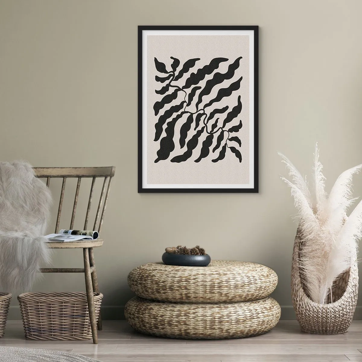 Plakat i sort ramme - Abstrakt plantekomposition i sort på en beige baggrund - 50x70cm - En firkants natur - Moderne vægdekoration til stue og soveværelse ARTTOR