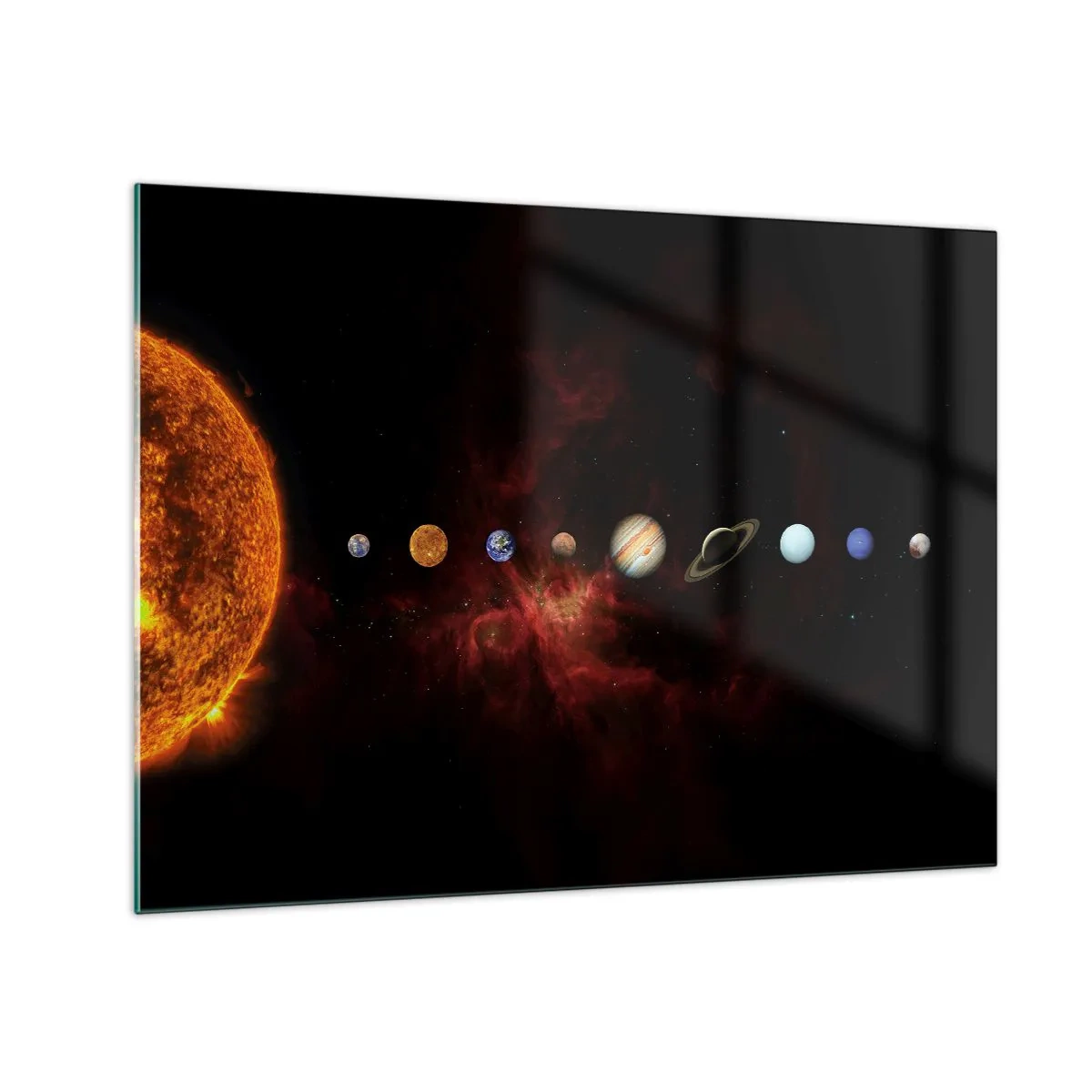 Billede på glas - Planetsystem med Solen på en sort baggrund - 70x50cm - Vores nabolag - Moderne vægdekoration til stue og soveværelse ARTTOR