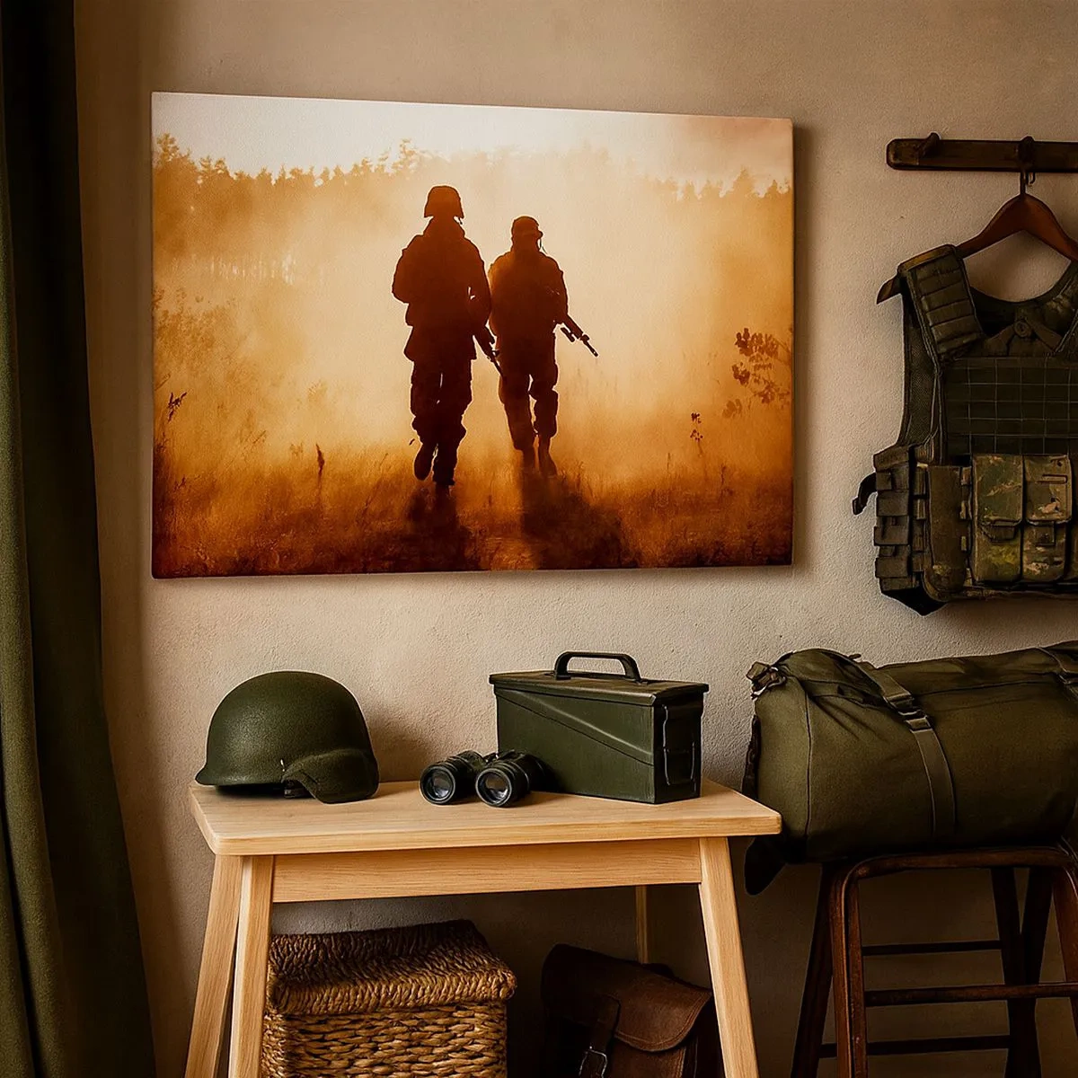 Lærredstryk - Billede på lærred - Soldater marcherer i morgentågen mod en baggrund af naturen - 70x50cm - Call of Duty - Moderne vægdekoration til stue og soveværelse ARTTOR