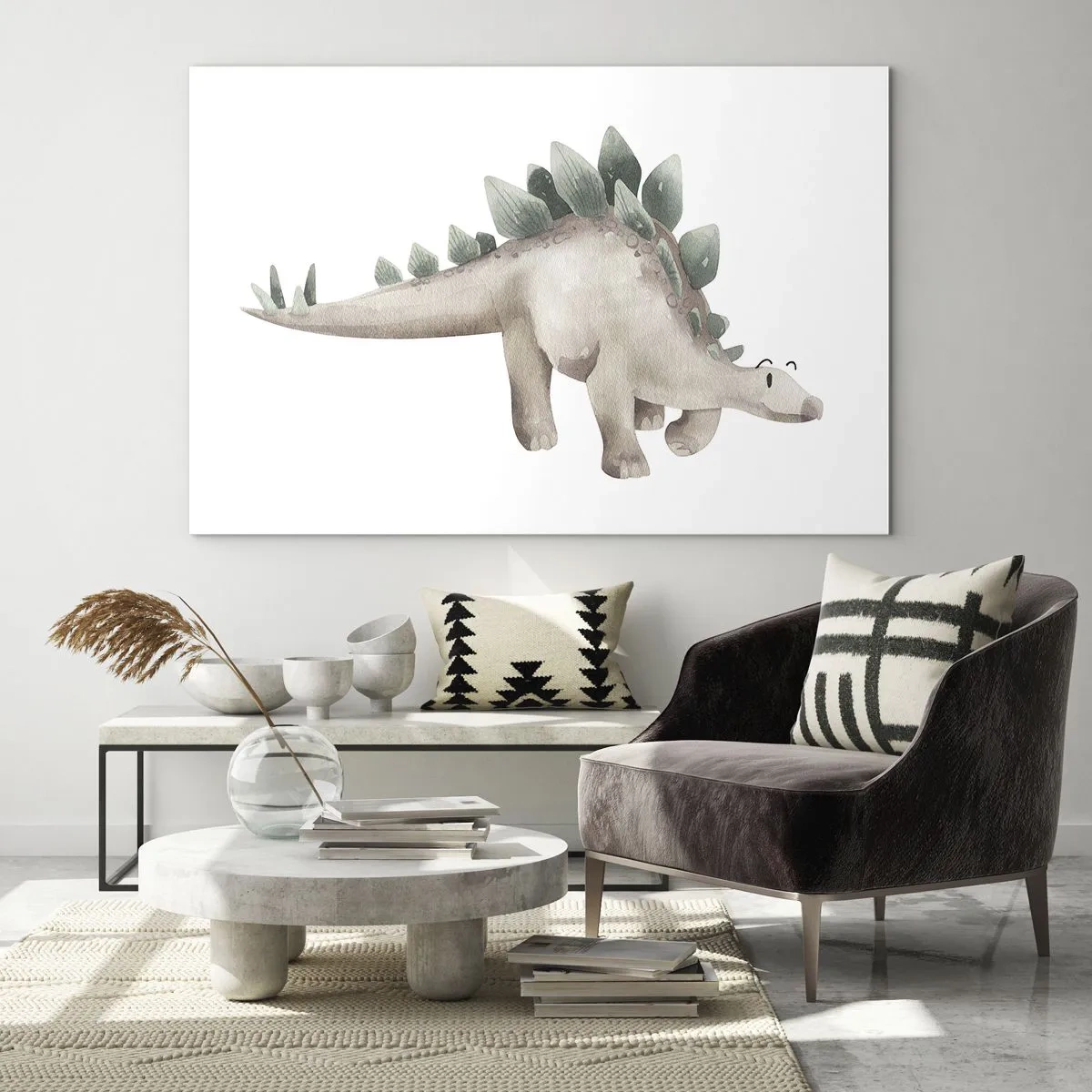 Billede på glas - En sød dinosaur i pastelfarver på en hvid baggrund - 70x50cm - Din ven - Moderne vægdekoration til stue og soveværelse ARTTOR