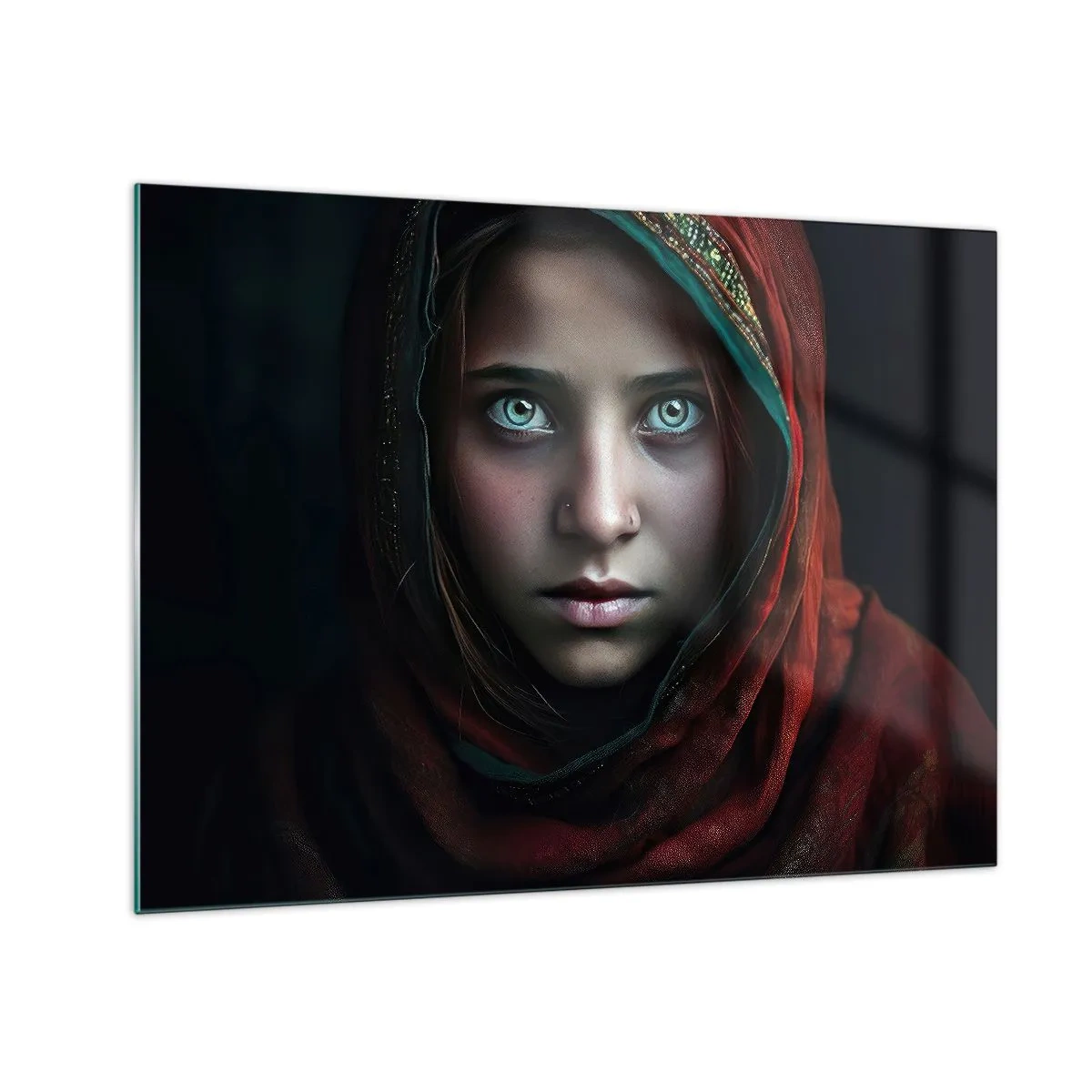 Billede på glas - Portræt af en kvinde i et rødt tørklæde mod en mørk baggrund - 70x50cm - Østens prinsesse - Moderne vægdekoration til stue og soveværelse ARTTOR