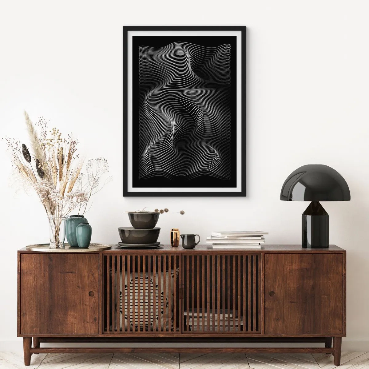 Plakat i sort ramme - Minimalistiske bølger i sort-hvid - 50x70cm - Lysets dans i rummet - Moderne vægdekoration til stue og soveværelse ARTTOR